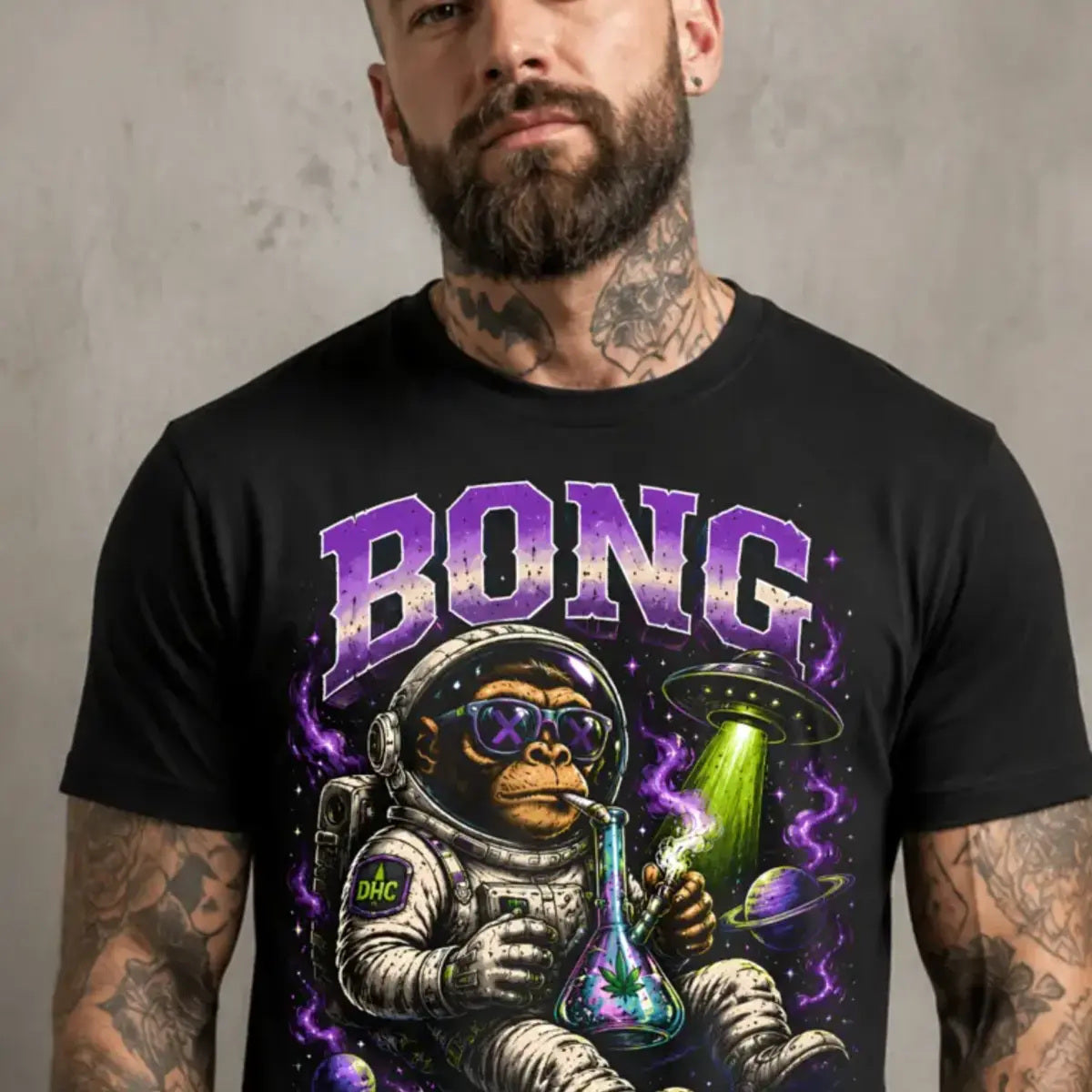 Bong Voyage Tee – purple and lime cosmic ape astronaut graphic tee, print on model, angled view