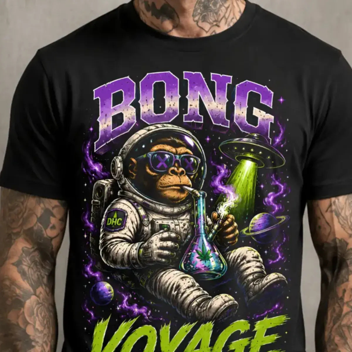 Bong Voyage Tee – purple and lime cosmic ape astronaut graphic tee, large print detail on chest