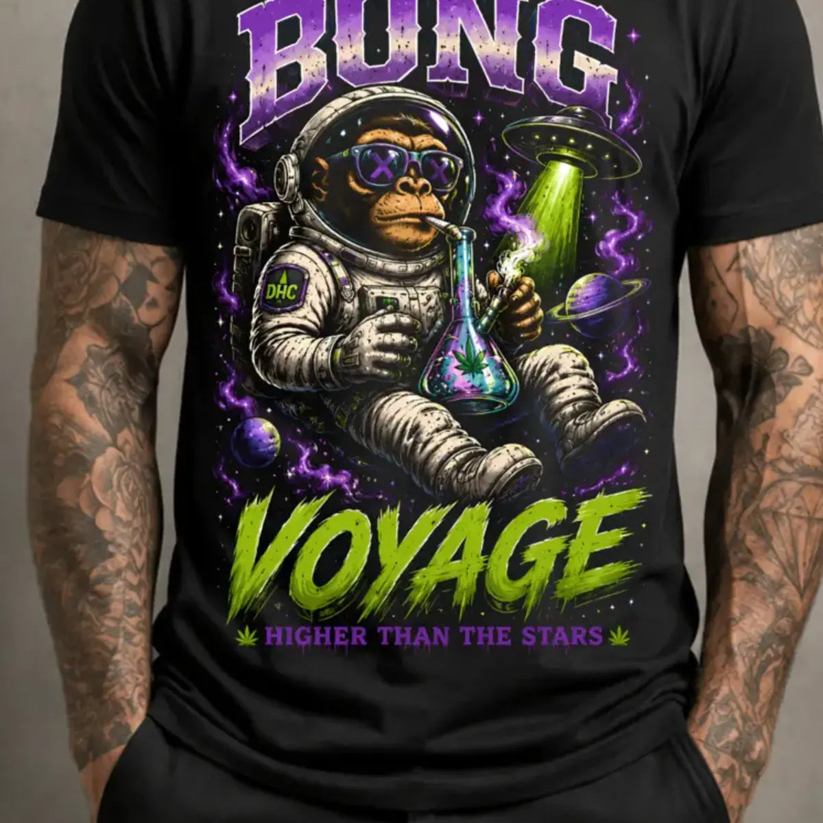 Bong Voyage Tee – purple and lime cosmic ape astronaut graphic tee, lower print detail