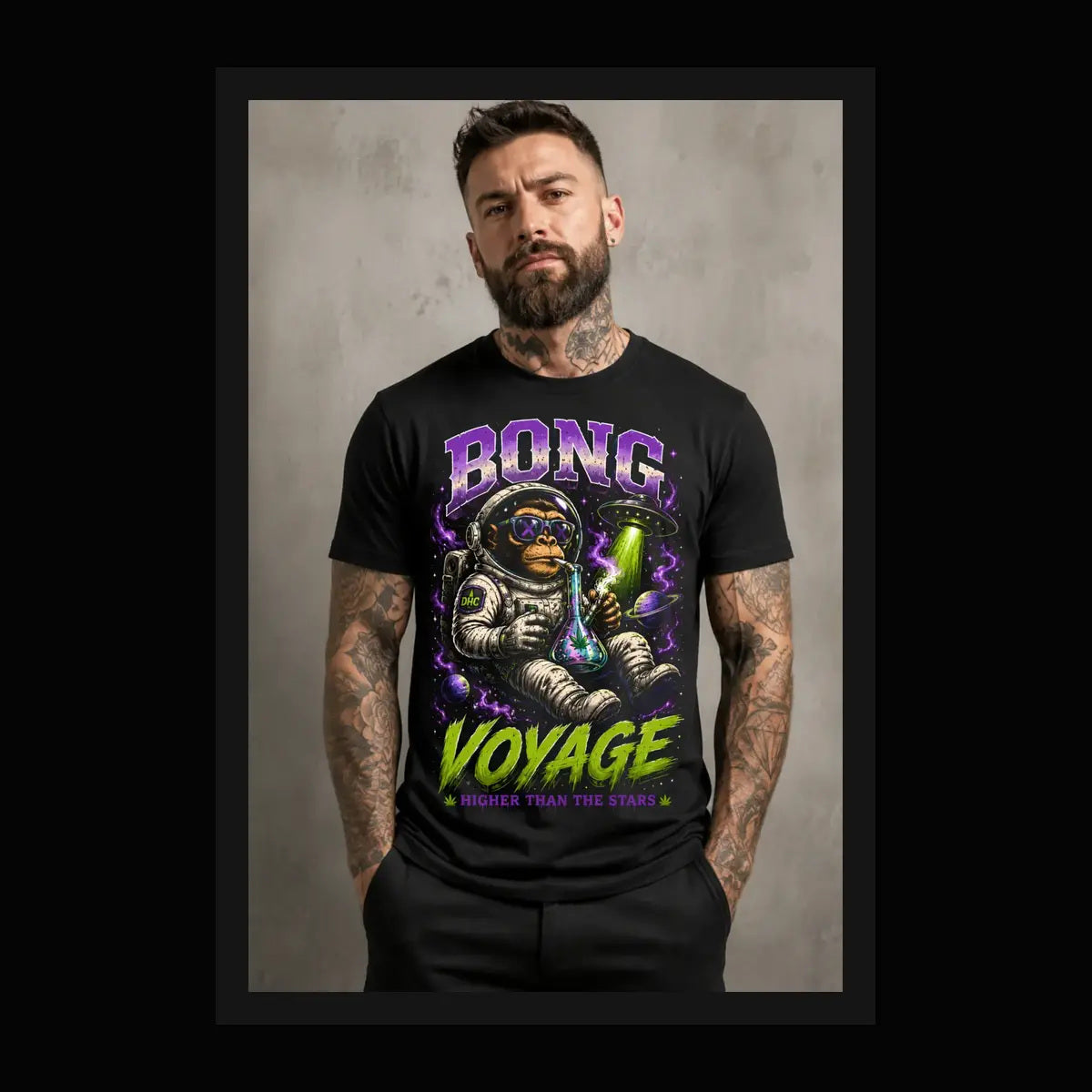 Bong Voyage Tee – purple and lime cosmic ape astronaut graphic tee, framed lifestyle shot of model