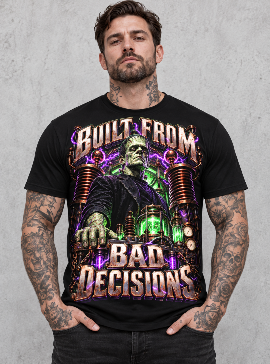 Built From Bad Decisions Tee – Frankenstein monster statement graphic tee, product mockup on black tee