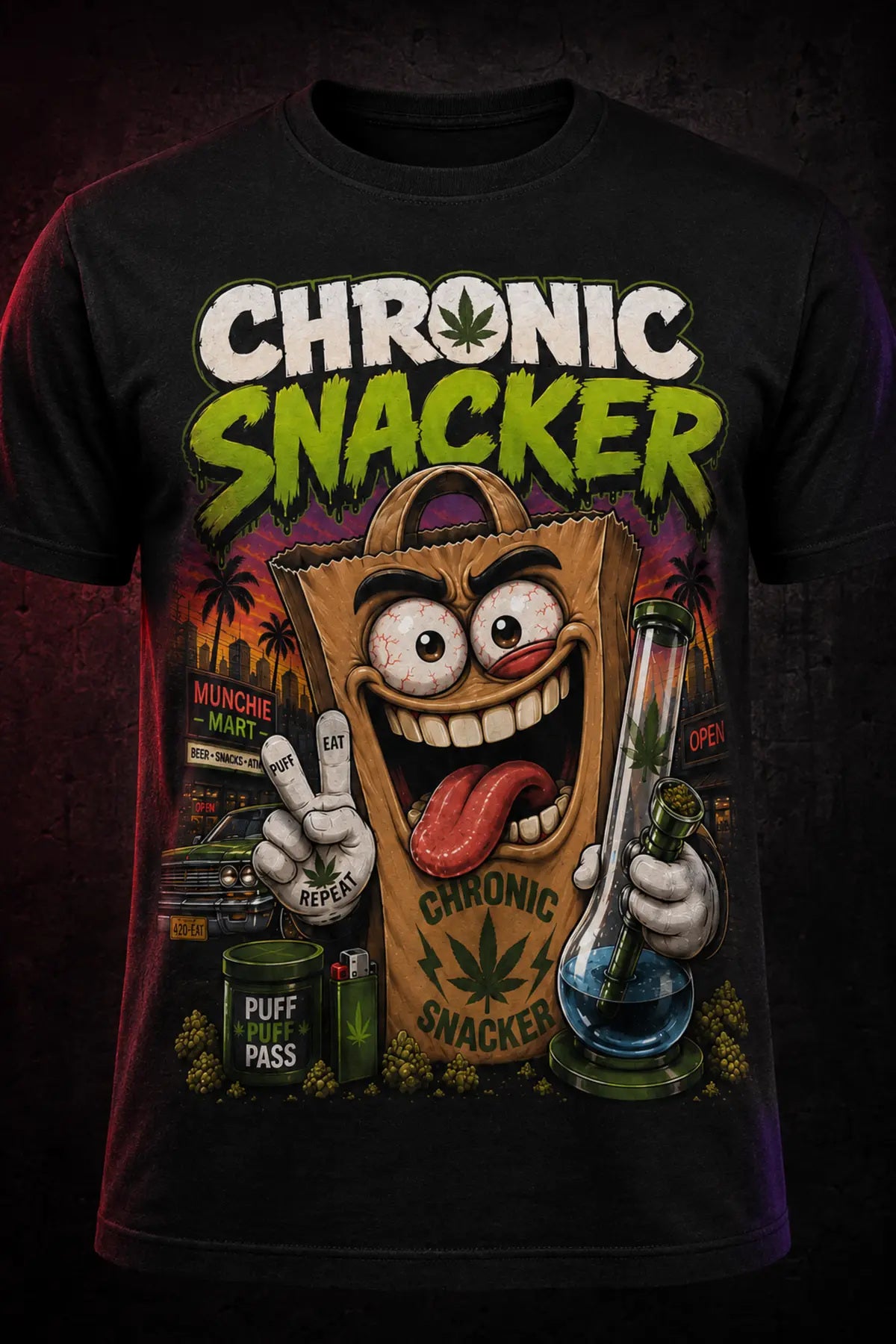 Chronic Snacker Tee – neon snack-bag character graphic tee, print close-up on black