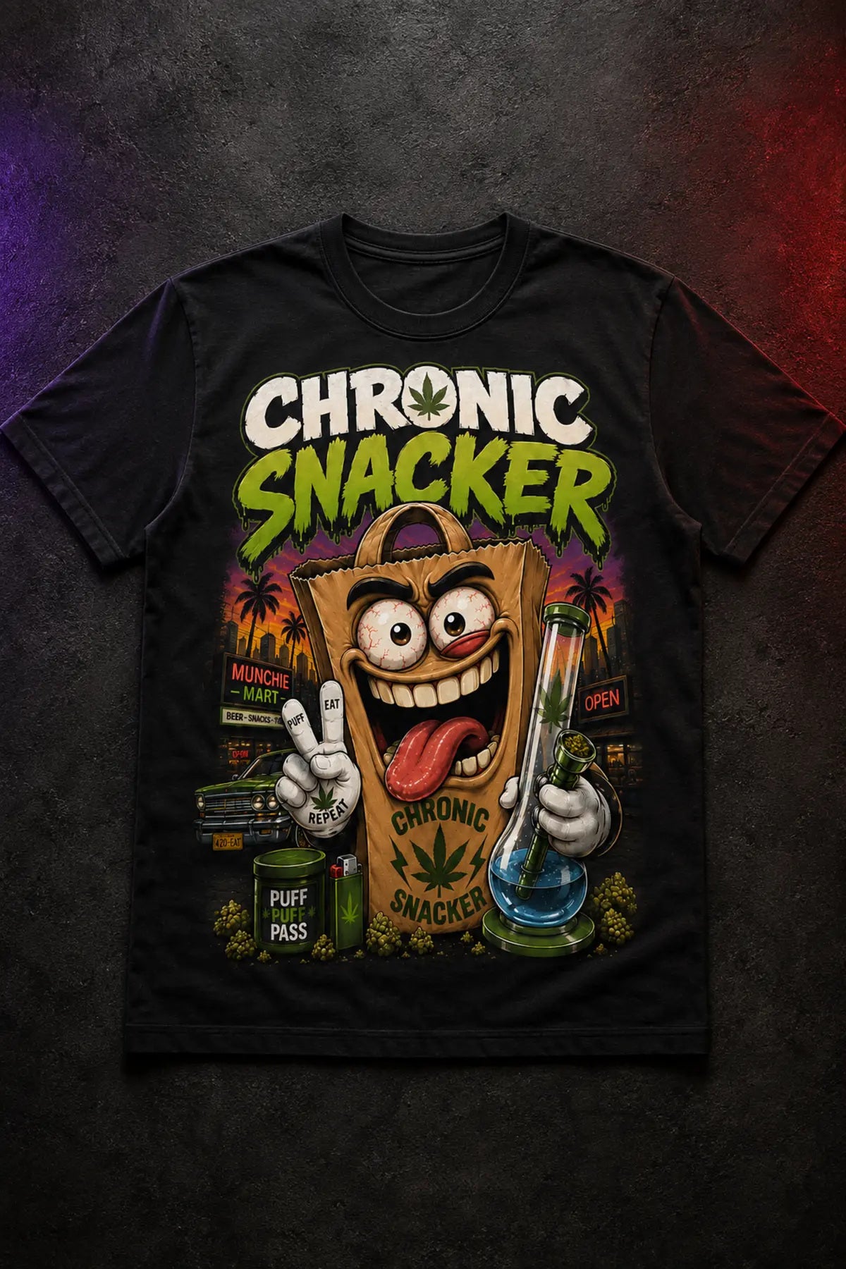 Chronic Snacker Tee – neon snack-bag character graphic tee, flat lay on dark background