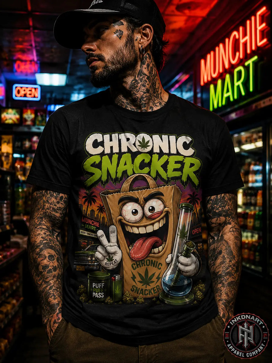 Chronic Snacker Tee – neon snack-bag character graphic tee, worn by tattooed model outside a neon convenience store