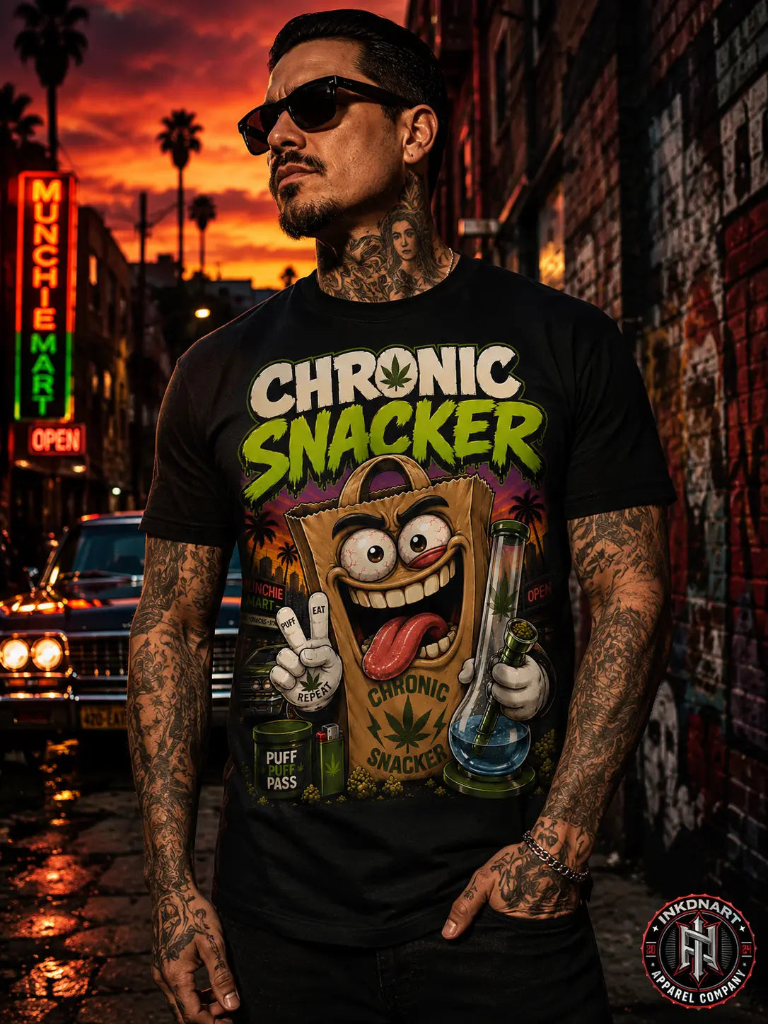 Chronic Snacker Tee – neon snack-bag character graphic tee, worn by model on a city street at sunset