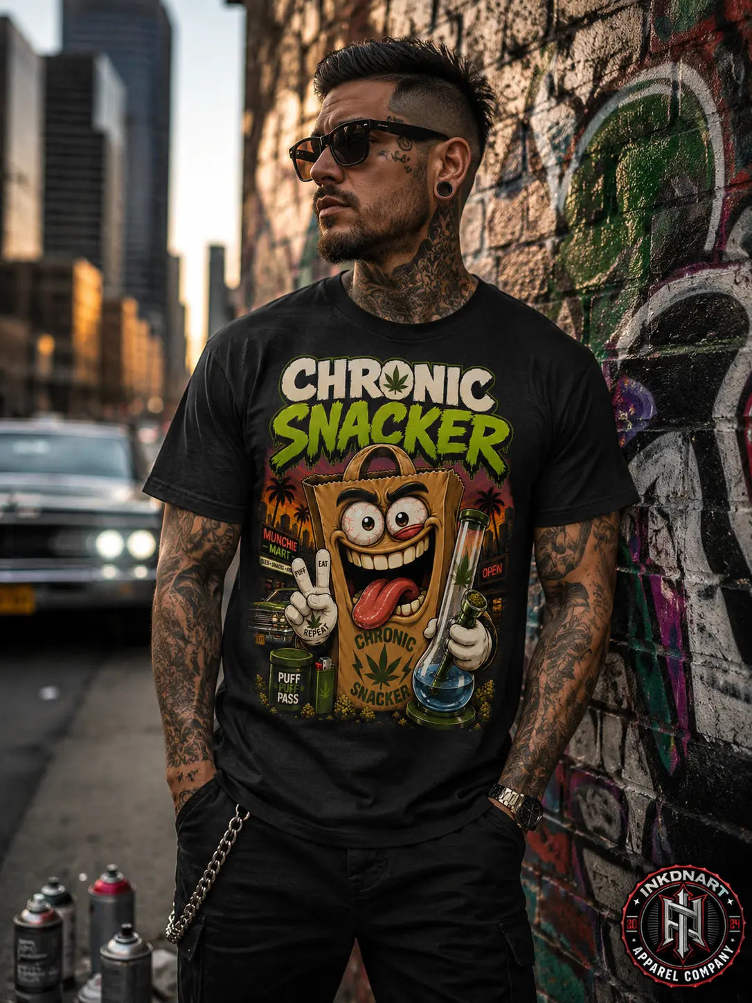 Chronic Snacker Tee – neon snack-bag character graphic tee, worn by model on a city sidewalk
