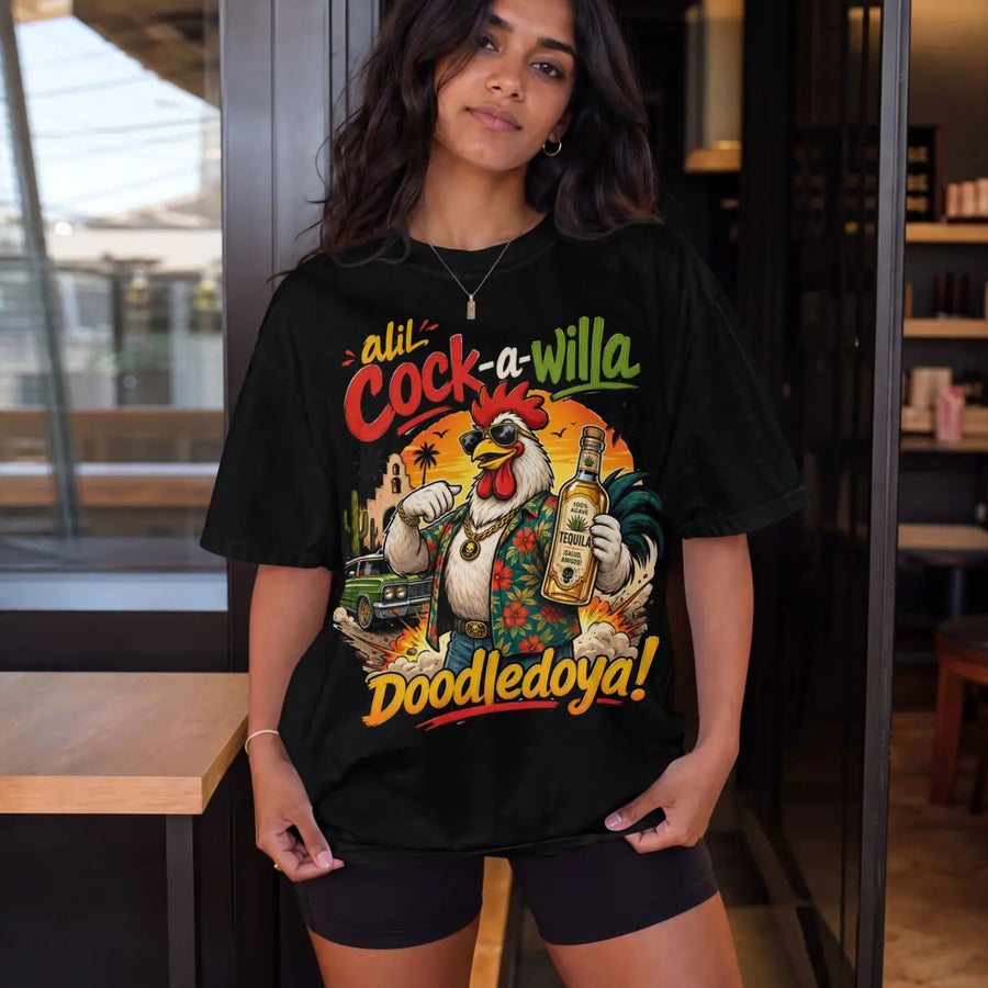 Cock-a-Willa Doodledoya Tee – tequila rooster graphic tee, worn by model in a bar