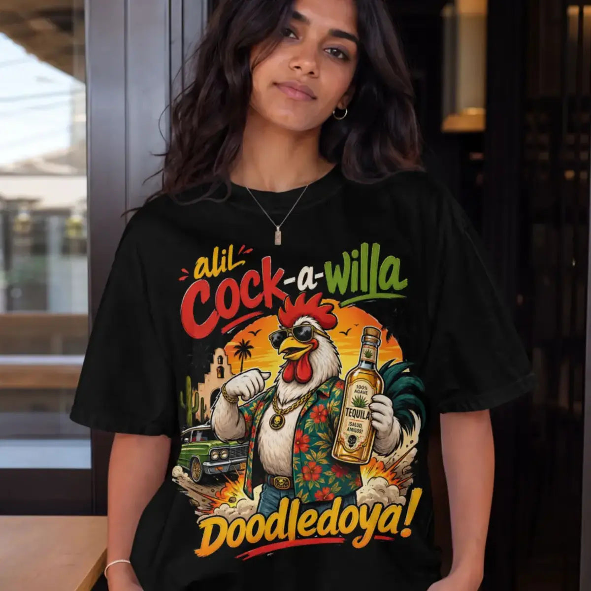 Cock-a-Willa Doodledoya Tee – tequila rooster graphic tee, worn by model, front view