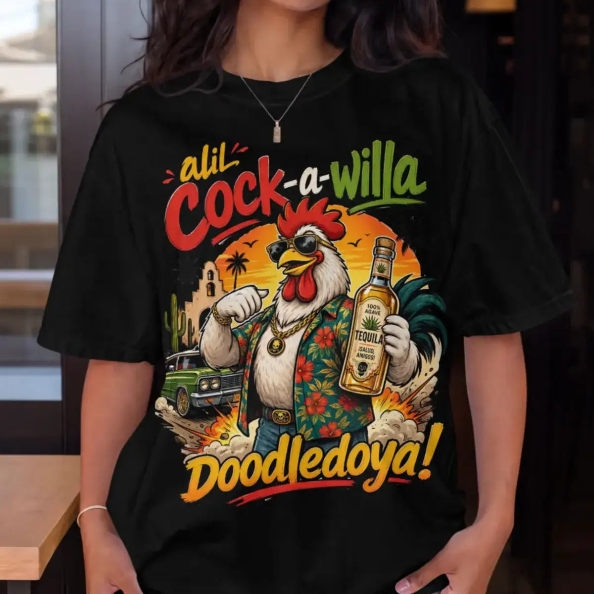 Cock-a-Willa Doodledoya Tee – tequila rooster graphic tee, print close-up on model