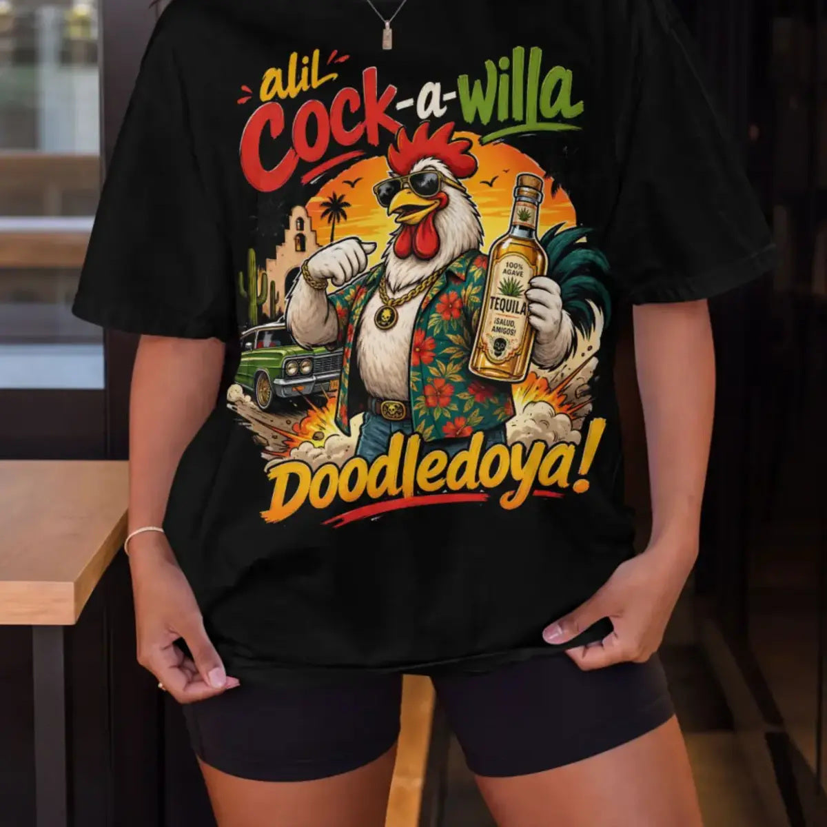 Cock-a-Willa Doodledoya Tee – tequila rooster graphic tee, print detail on model
