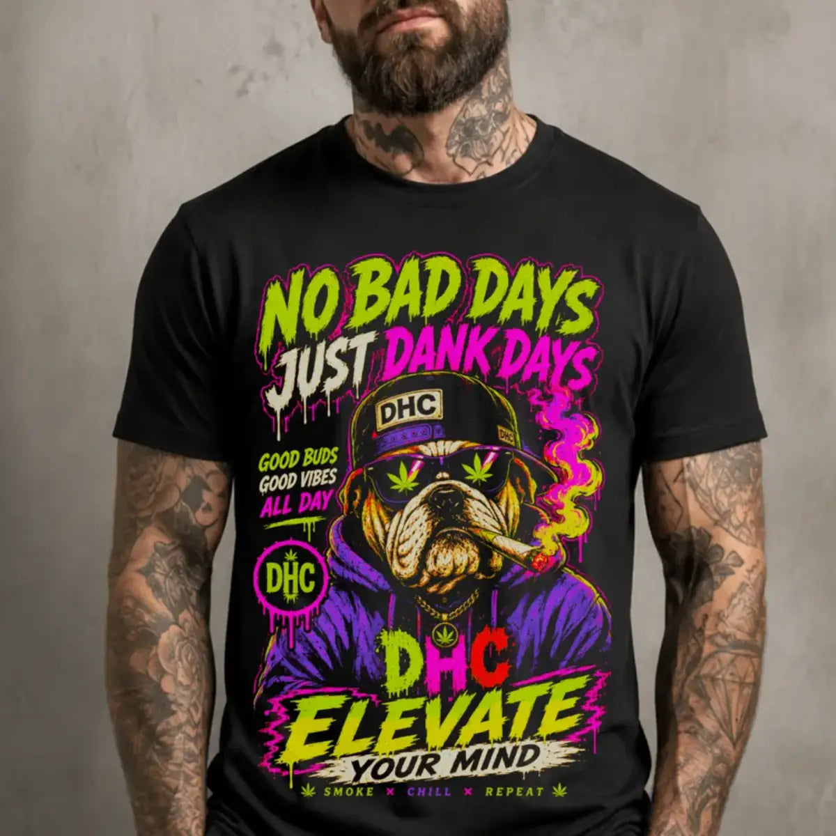Dank Days Bulldog Tee – lime and hot pink bulldog graphic tee, print on model, front close-up