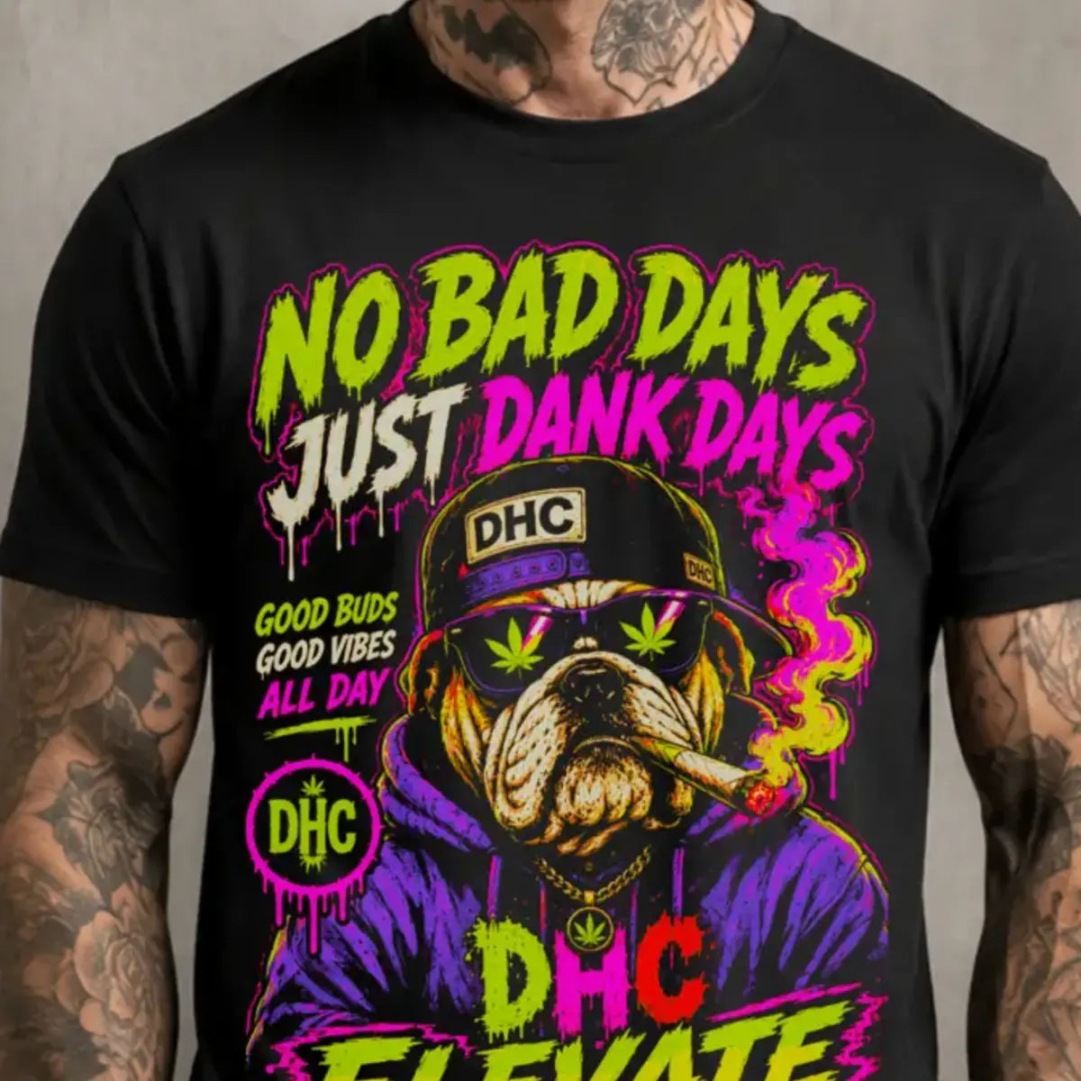 Dank Days Bulldog Tee – lime and hot pink bulldog graphic tee, large print detail on chest