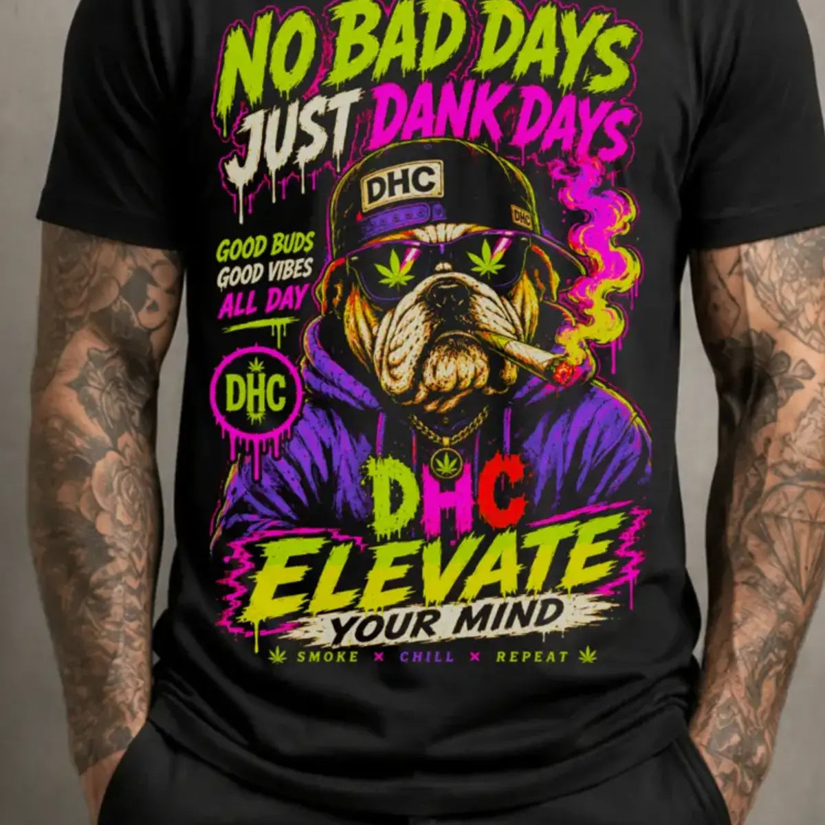Dank Days Bulldog Tee – lime and hot pink bulldog graphic tee, lower print detail