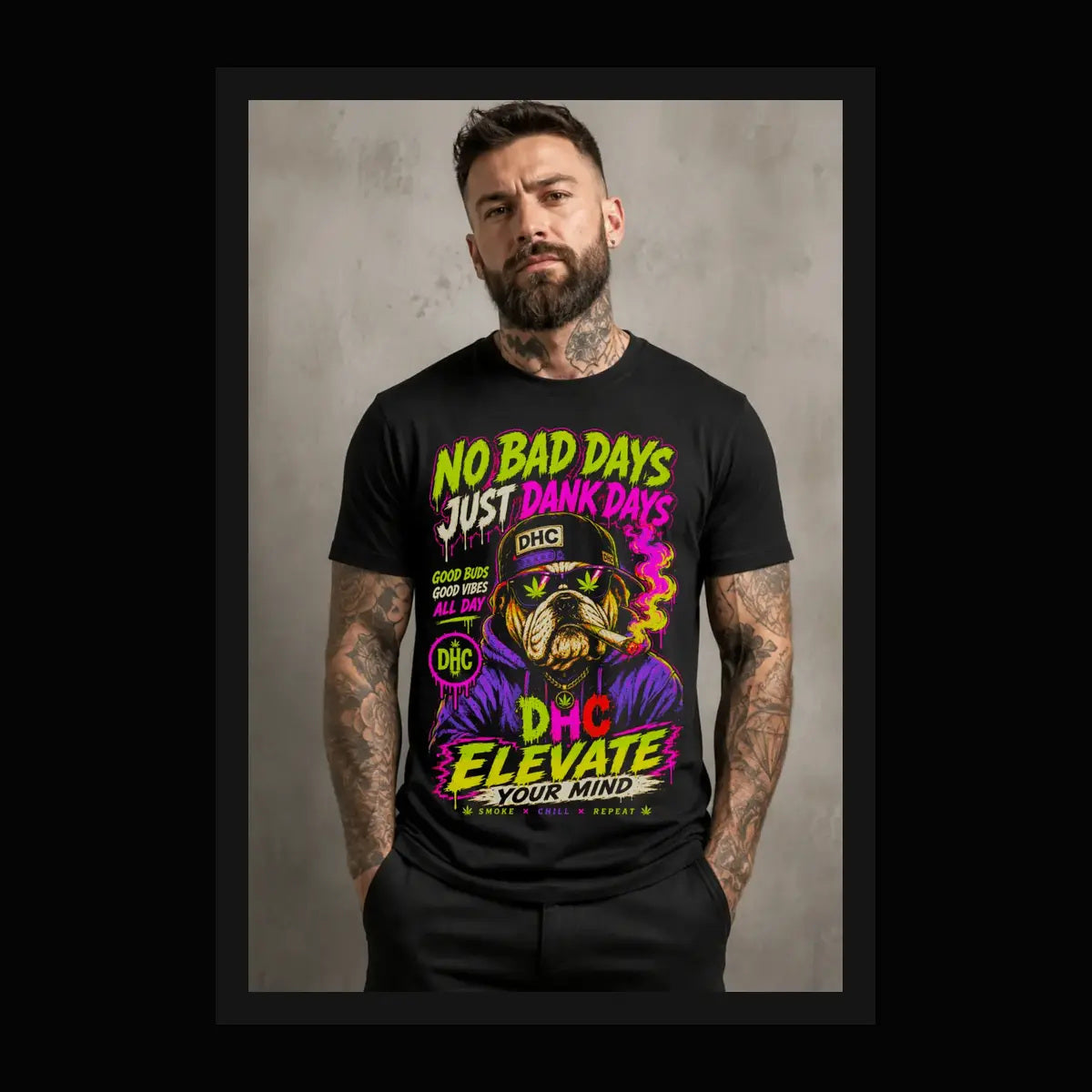 Dank Days Bulldog Tee – lime and hot pink bulldog graphic tee, framed lifestyle shot of model