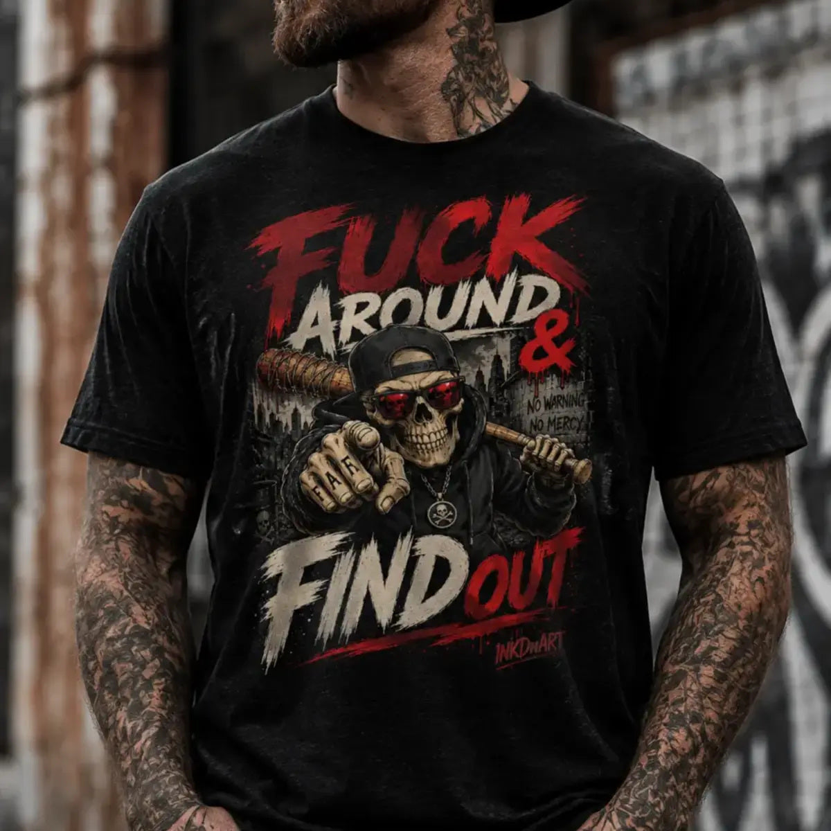 Mess Around & Find Out Tee – skull-and-bat statement graphic tee, print close-up on model