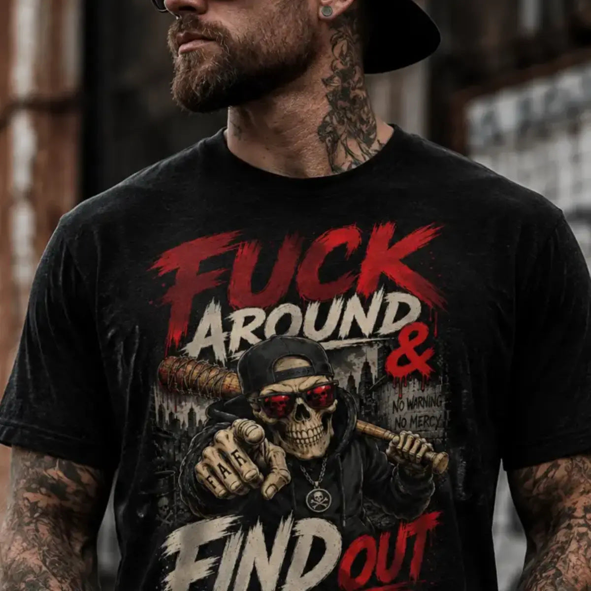 Mess Around & Find Out Tee – skull-and-bat statement graphic tee, print on model, angled view
