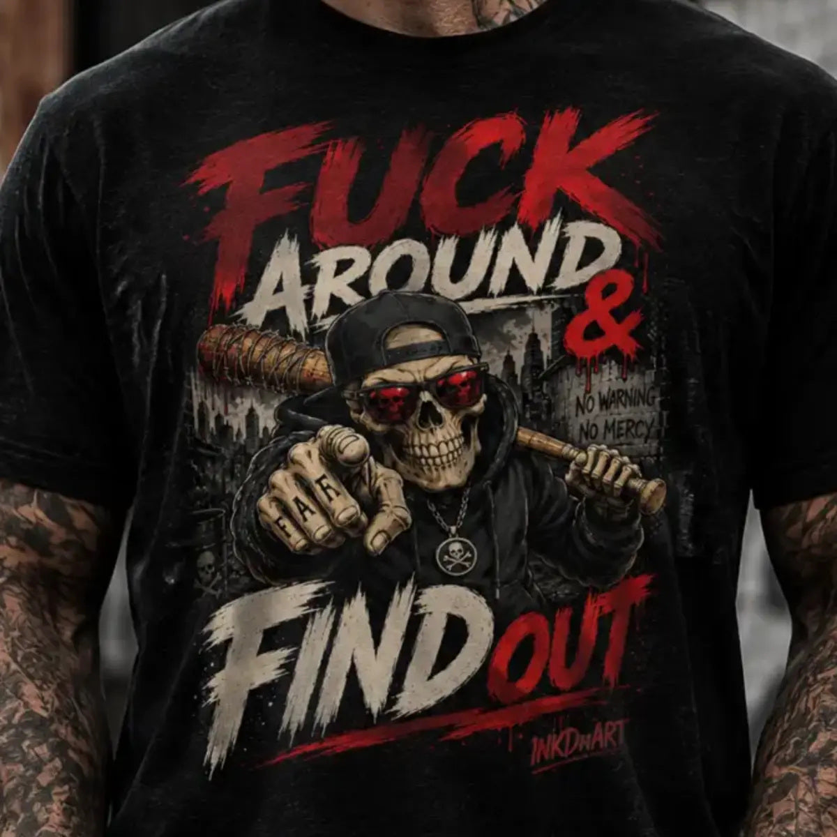 Mess Around & Find Out Tee – skull-and-bat statement graphic tee, large print detail on chest