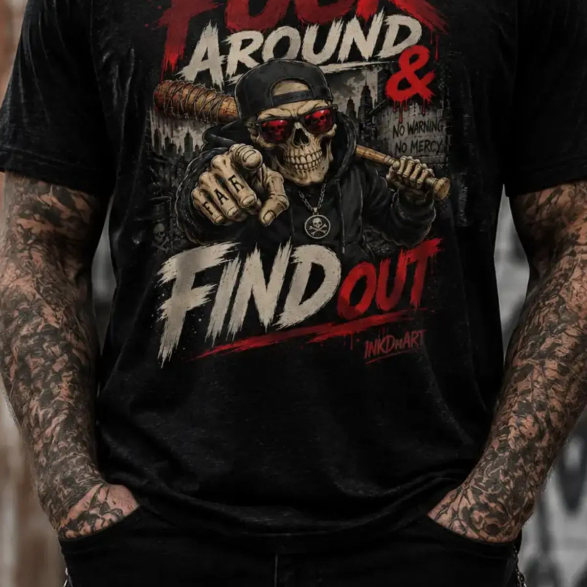 Mess Around & Find Out Tee – skull-and-bat statement graphic tee, lower print detail