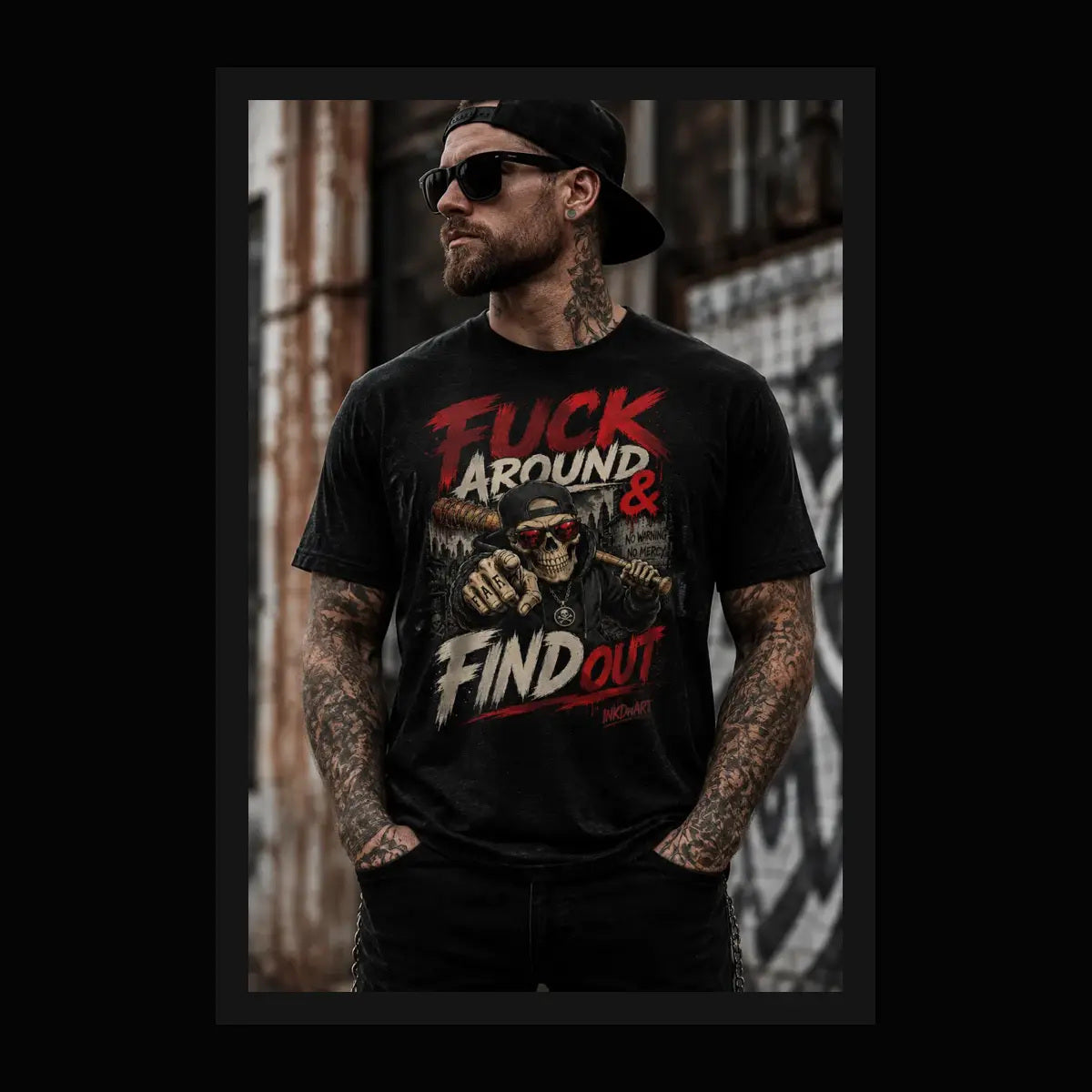 Mess Around & Find Out Tee – skull-and-bat statement graphic tee, framed lifestyle shot of model
