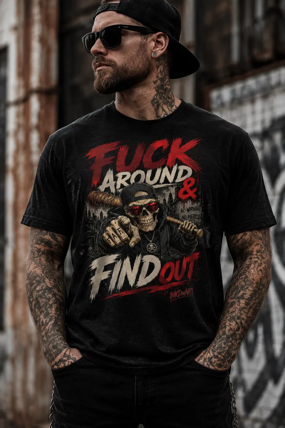 Mess Around & Find Out Tee – skull-and-bat statement graphic tee, worn by tattooed model, front view