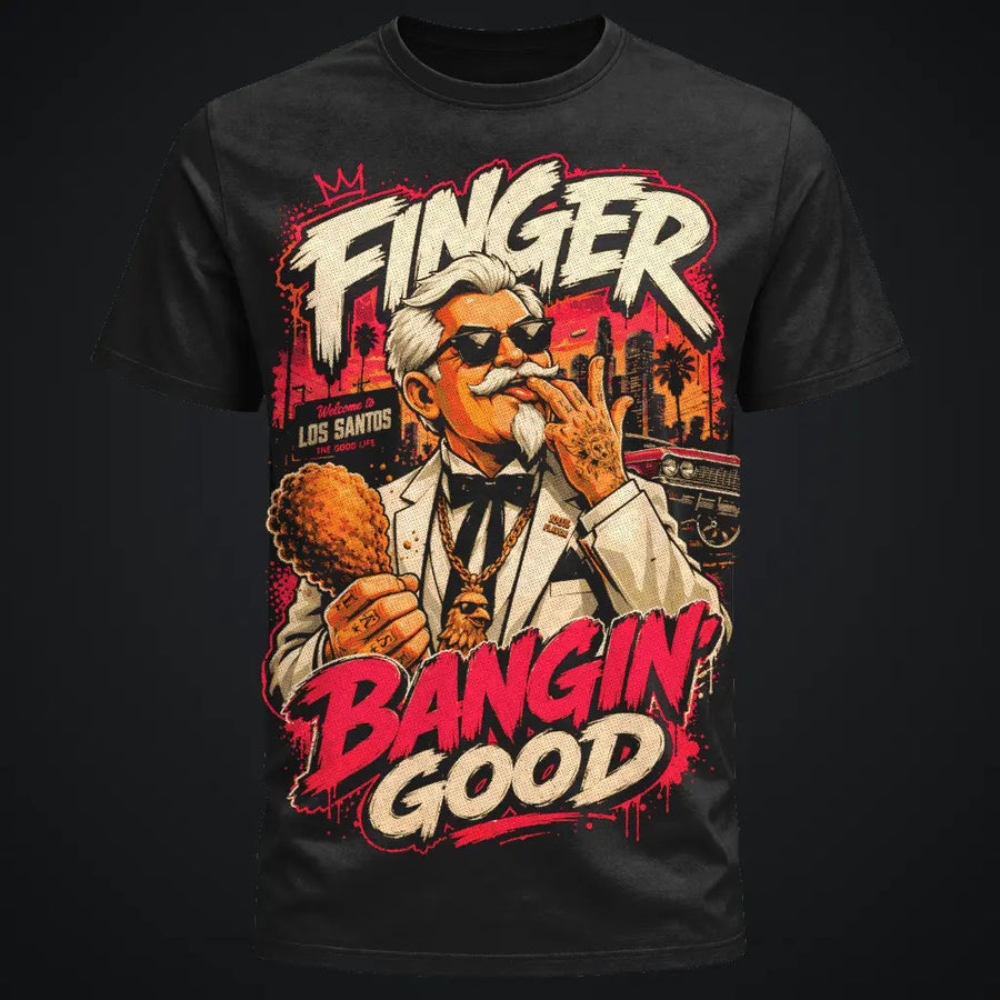 Finger Bangin’ Good Tee – hot pink and orange fried chicken colonel graphic tee, front view on black