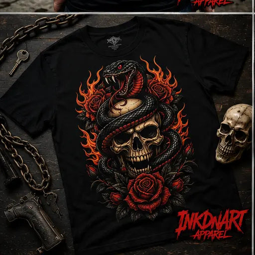 Flame Serpent Skull Tee – flame serpent skull graphic tee, flat lay on black