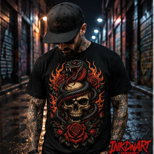 Flame Serpent Skull Tee – flame serpent skull graphic tee, front print on model in a city alley