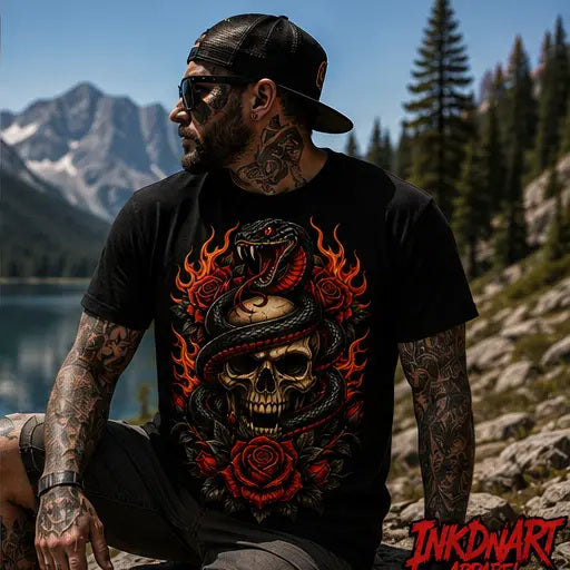 Flame Serpent Skull Tee – flame serpent skull graphic tee, worn outdoors, lifestyle photo