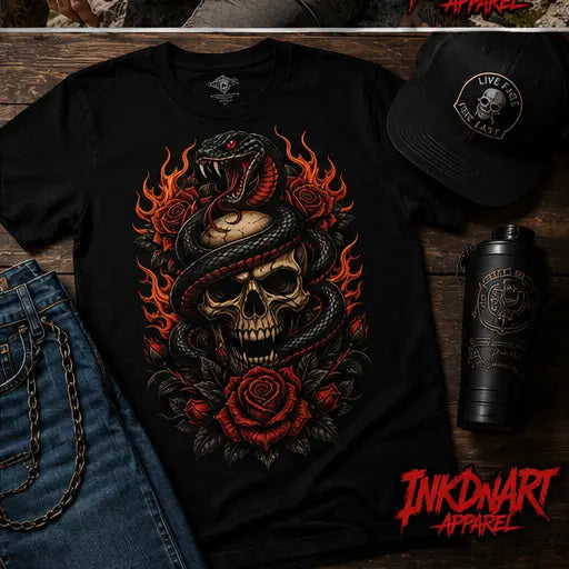 Flame Serpent Skull Tee – flame serpent skull graphic tee, styled flat lay with accessories