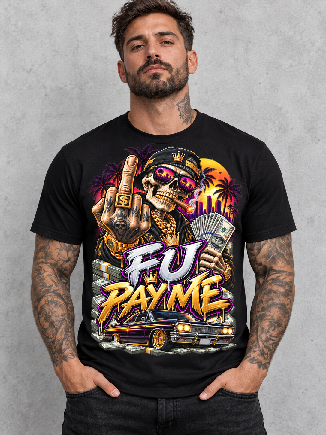 Pay Me Tee – cash-and-sunglasses statement graphic tee, product mockup on black tee
