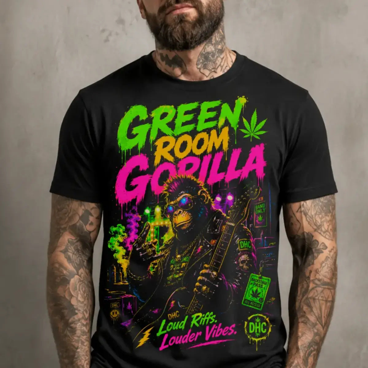 Green Room Gorilla Tee – blacklight neon gorilla graphic tee, print on model, front close-up
