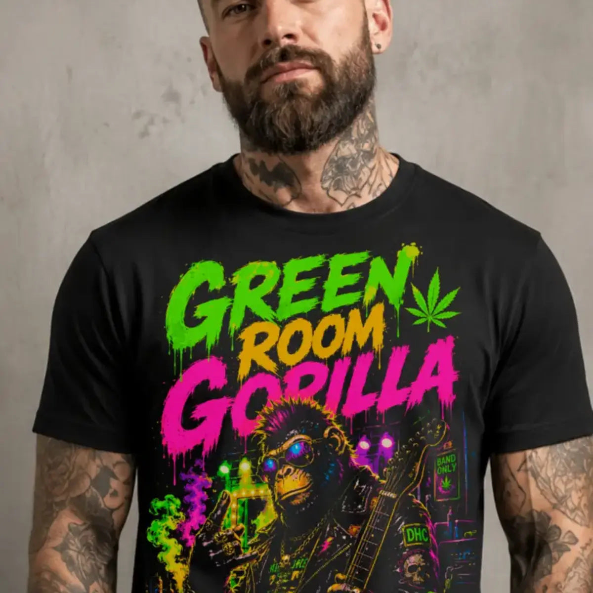 Green Room Gorilla Tee – blacklight neon gorilla graphic tee, print on model, angled view
