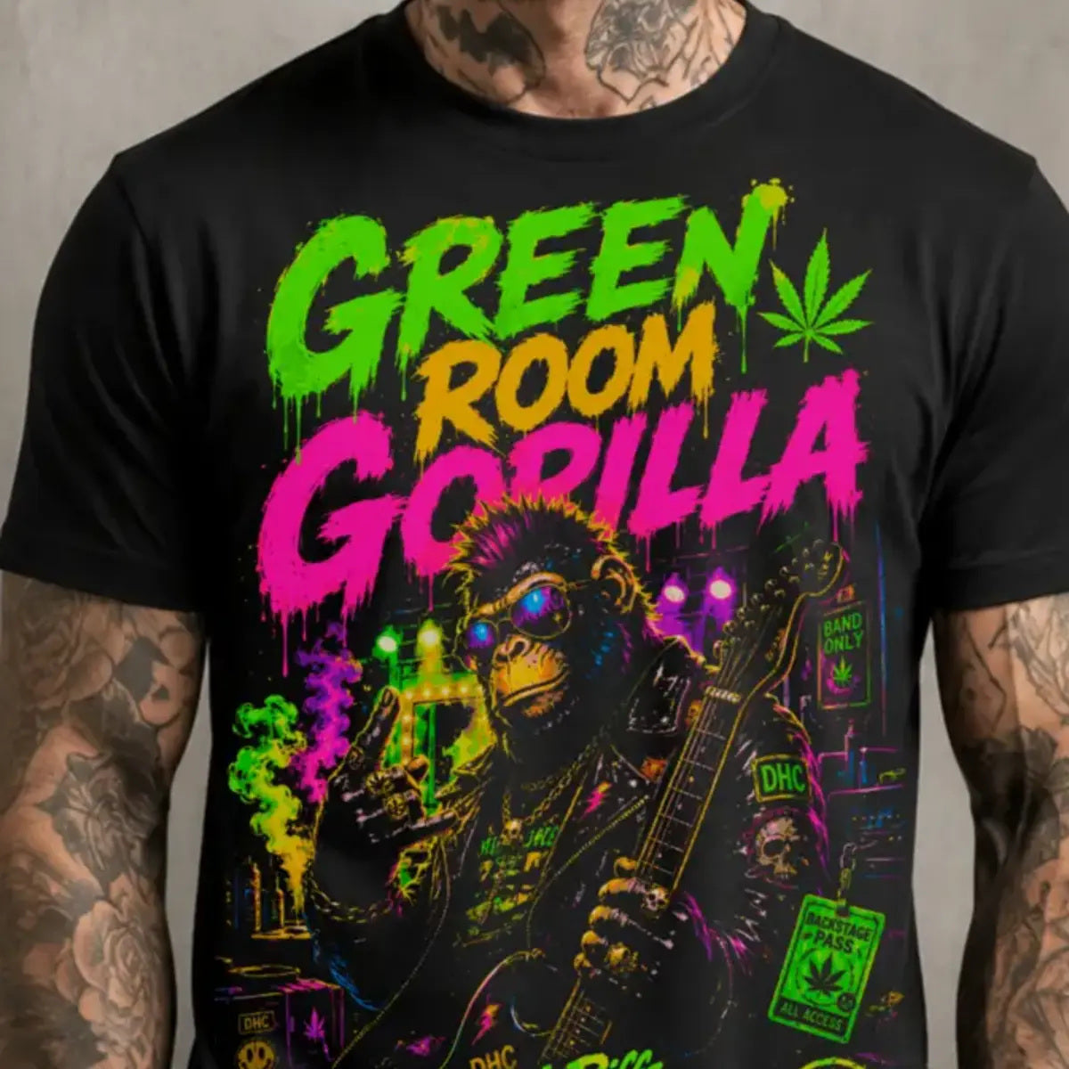 Green Room Gorilla Tee – blacklight neon gorilla graphic tee, large print detail on chest