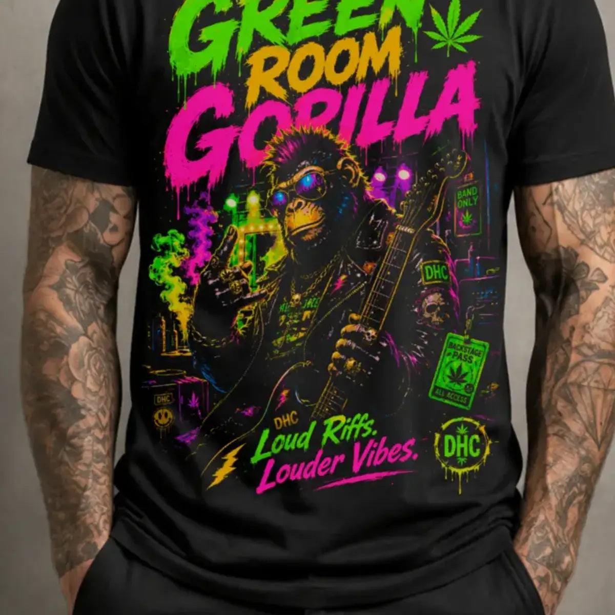 Green Room Gorilla Tee – blacklight neon gorilla graphic tee, lower print detail