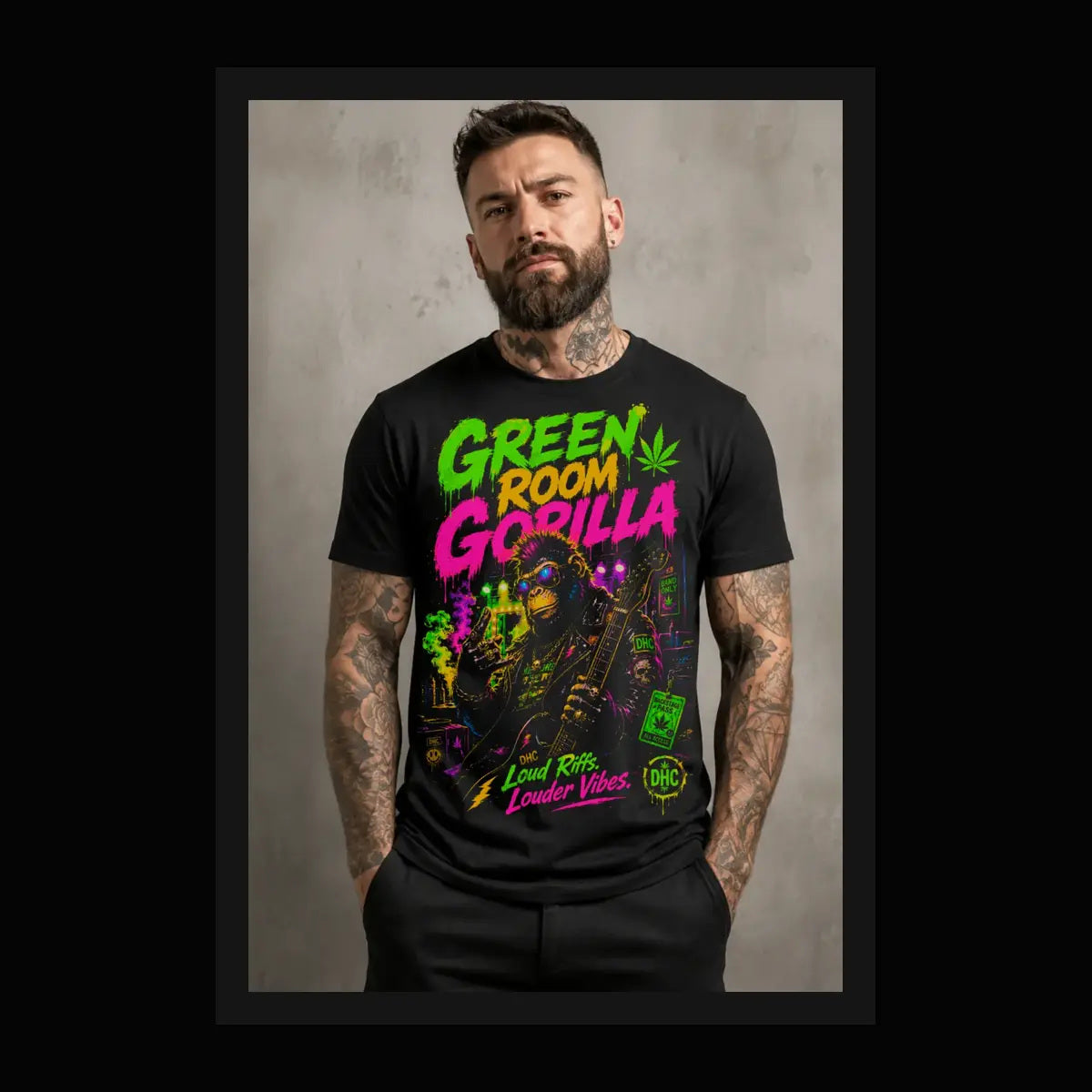 Green Room Gorilla Tee – blacklight neon gorilla graphic tee, framed lifestyle shot of model