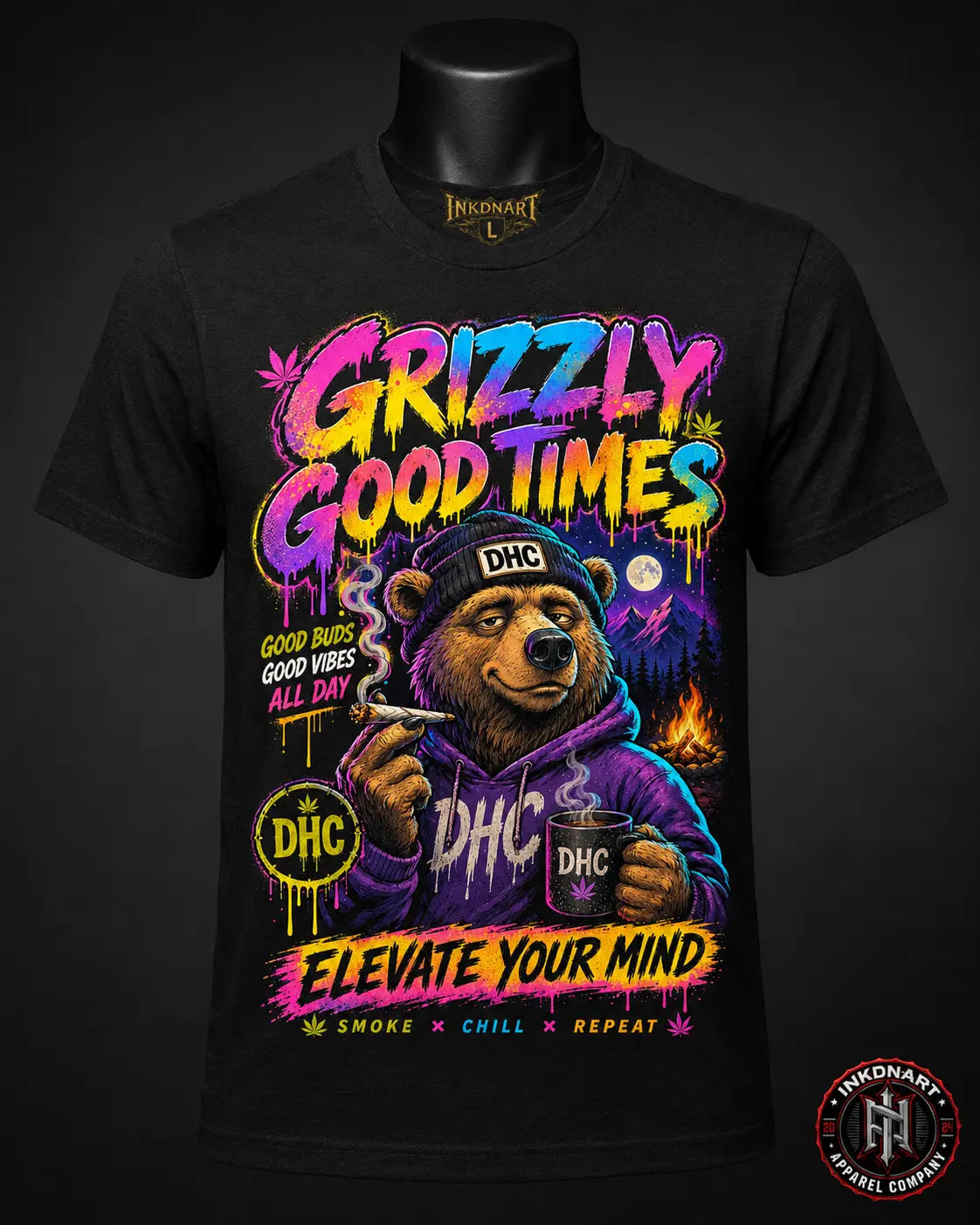 Grizzly Good Times Tee – psychedelic bear graphic tee, front view on dark mannequin
