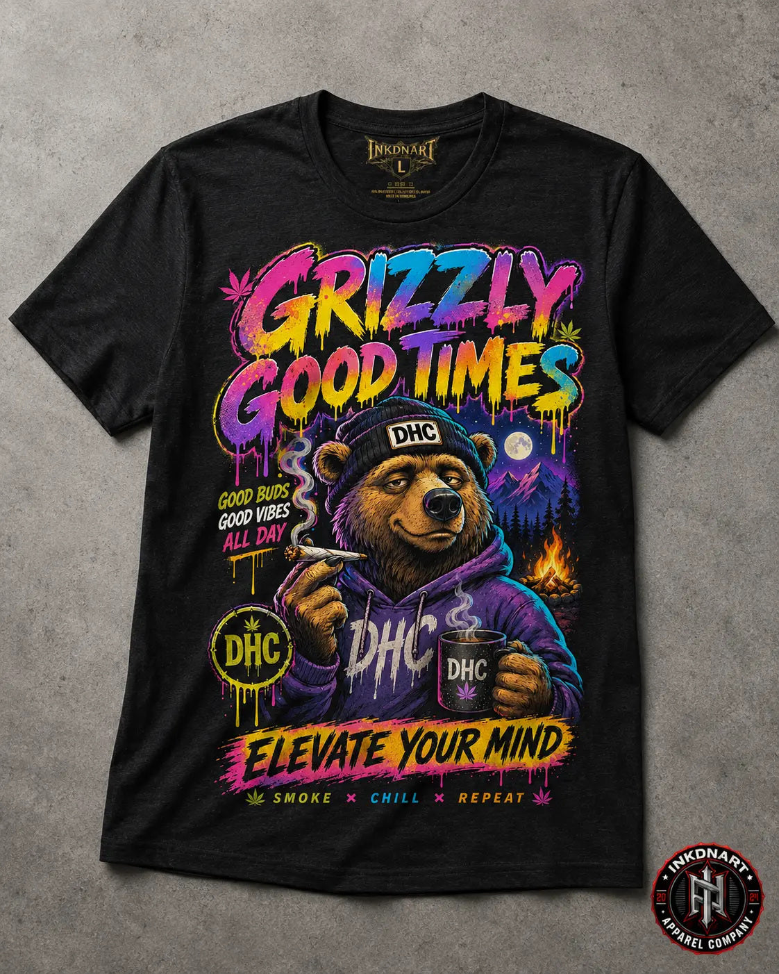 Grizzly Good Times Tee – psychedelic bear graphic tee, flat front view on gray background