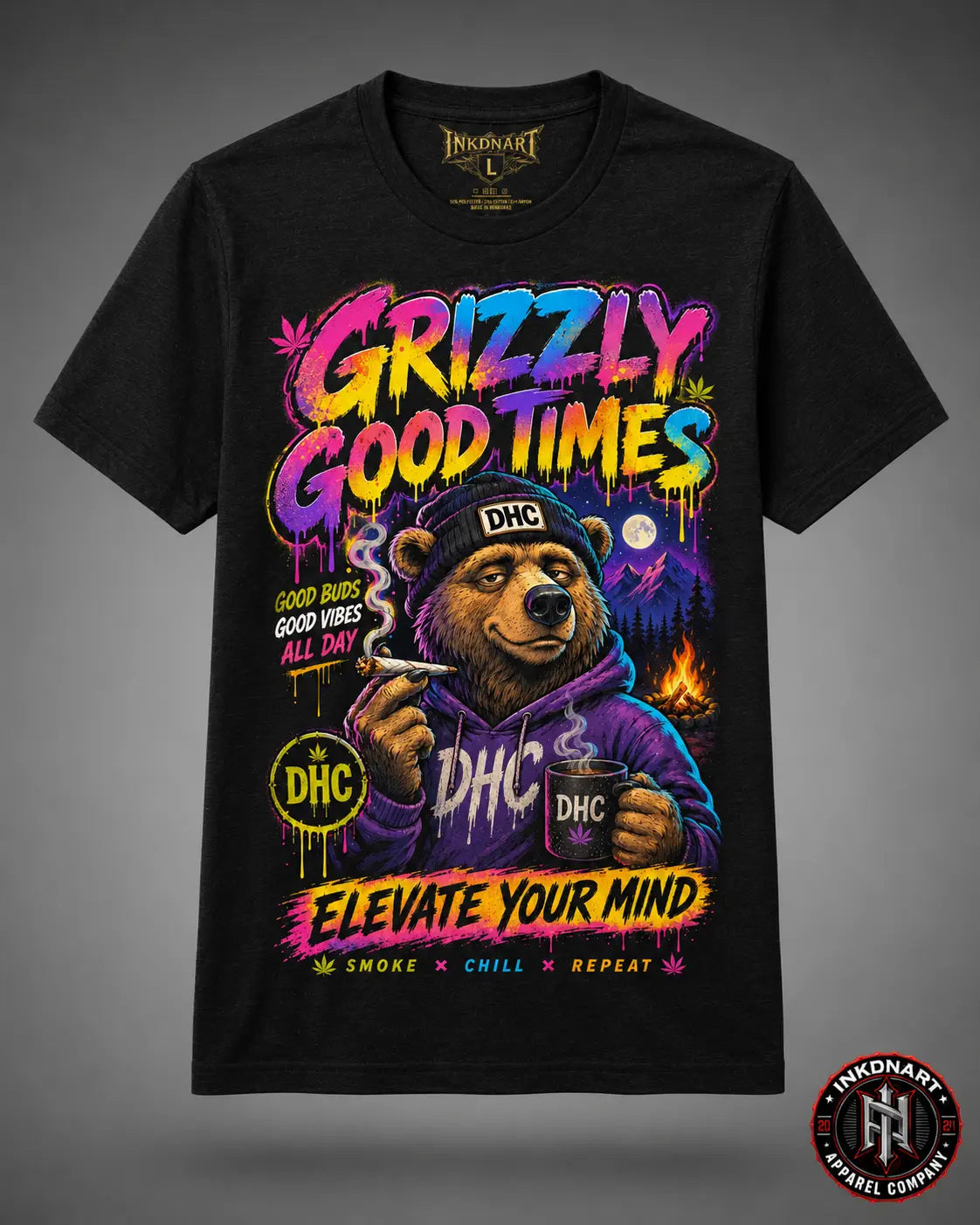 Grizzly Good Times Tee – psychedelic bear graphic tee, front view on light gray background