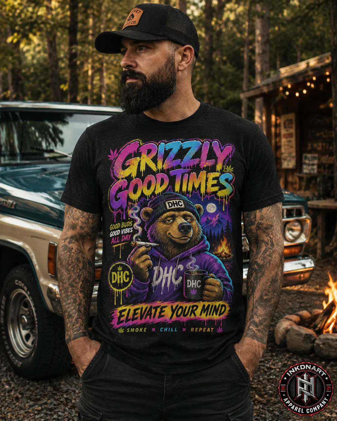 Grizzly Good Times Tee – psychedelic bear graphic tee, worn by model by a truck in the woods
