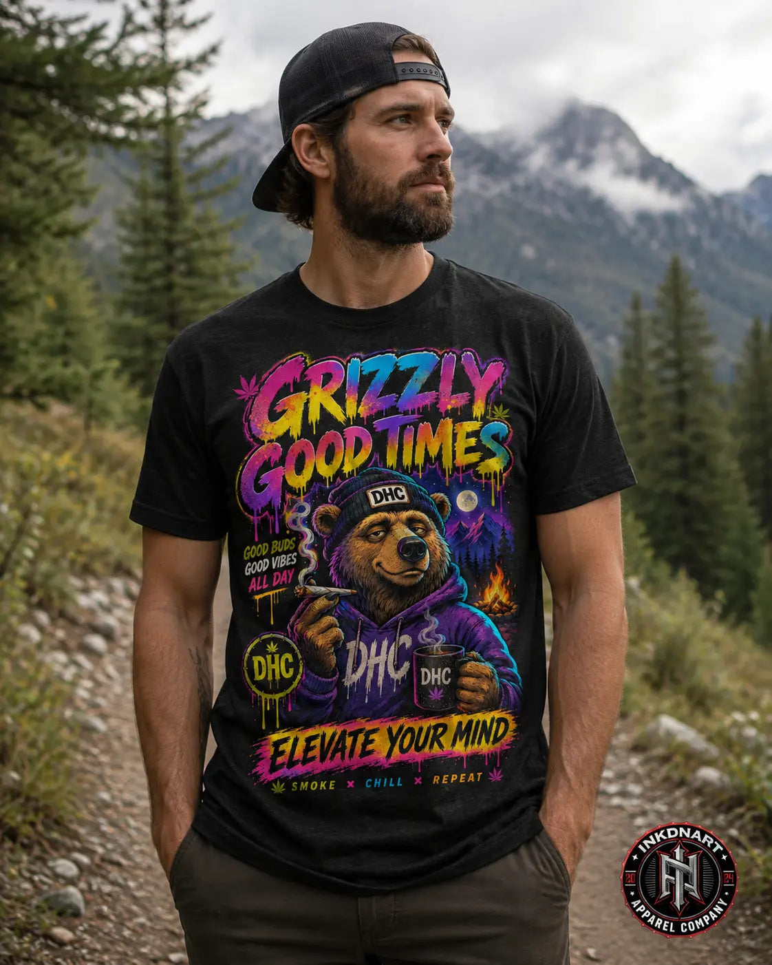 Grizzly Good Times Tee – psychedelic bear graphic tee, worn by model in the mountains