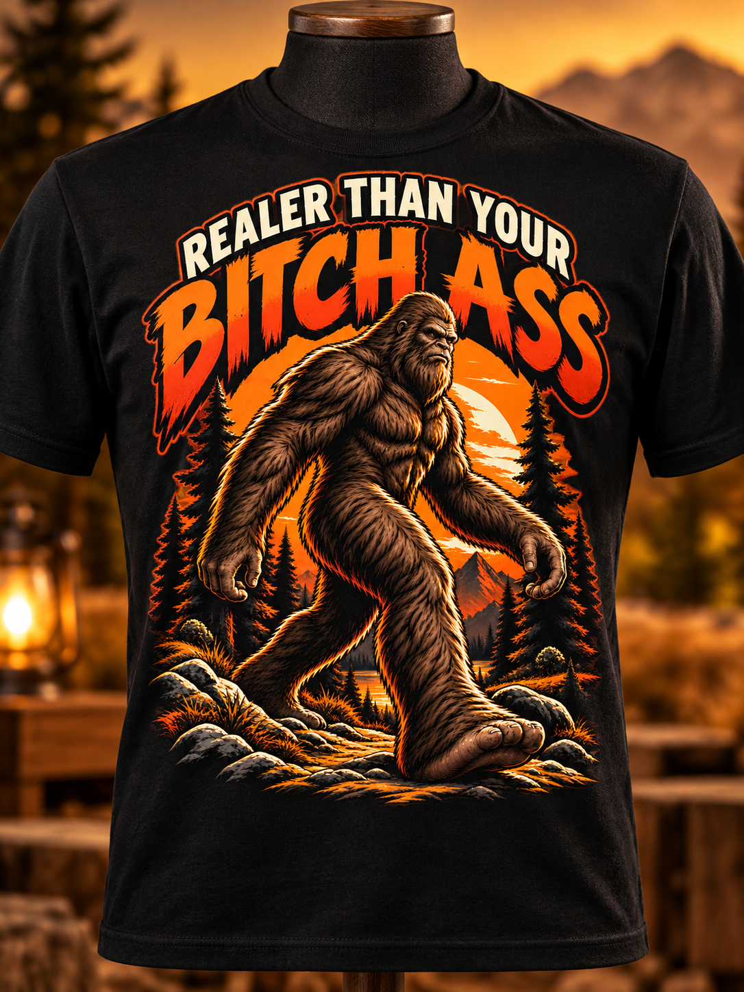 Front detail of a black Bigfoot tee with Realer Than Your Bitch Ass lettering, a walking Sasquatch, orange sunset, and pine forest.