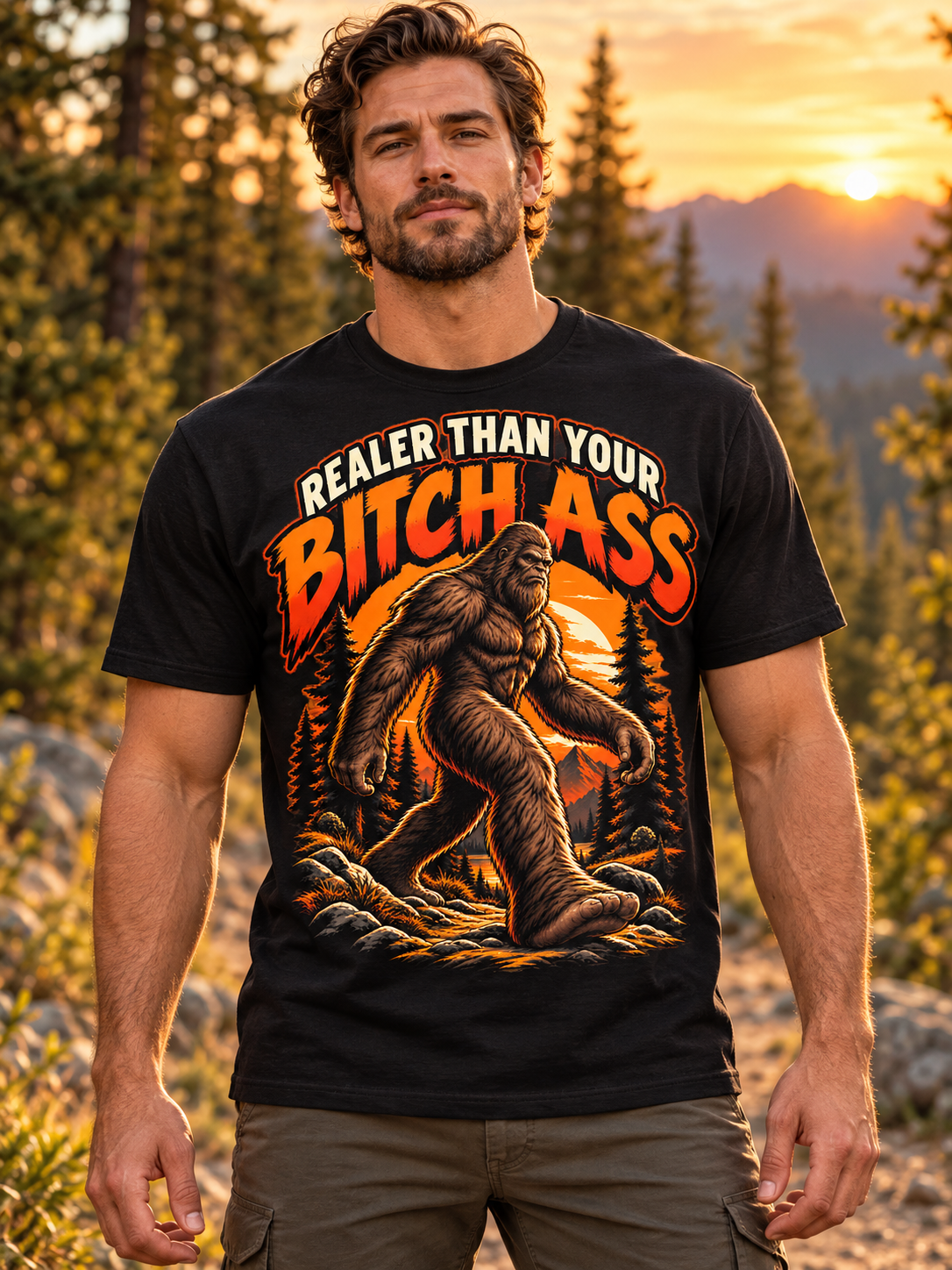 Lifestyle front of a black Bigfoot tee with Realer Than Your Bitch Ass lettering, a walking Sasquatch, orange sunset, and pine forest.