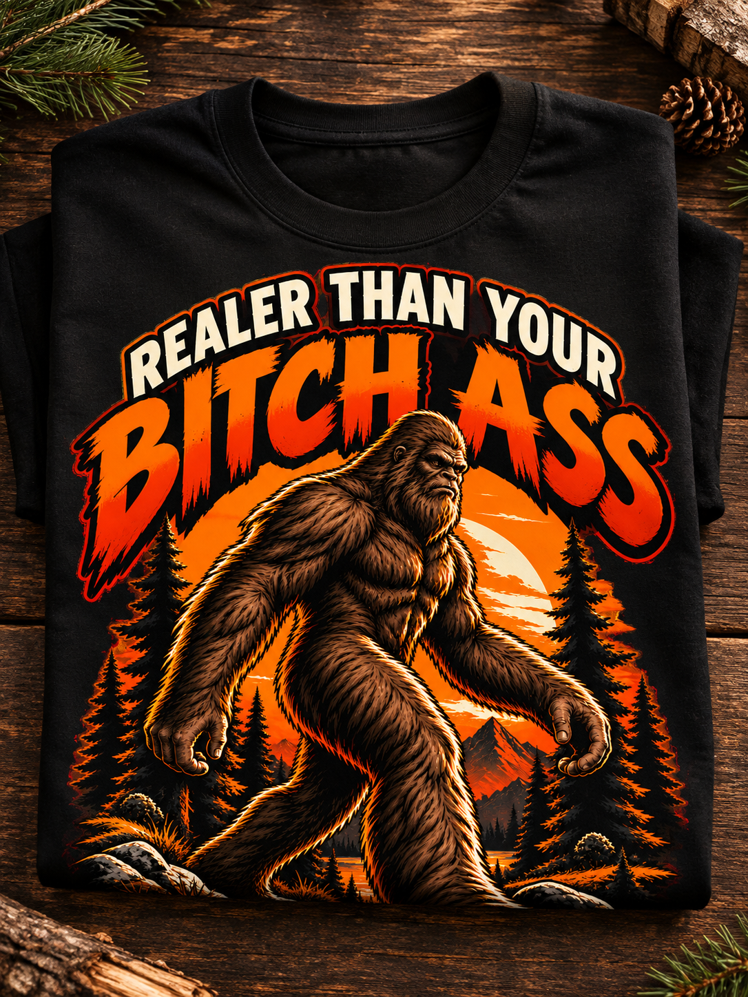 Folded mockup of a black Bigfoot tee with Realer Than Your Bitch Ass lettering, a walking Sasquatch, orange sunset, and pine forest.