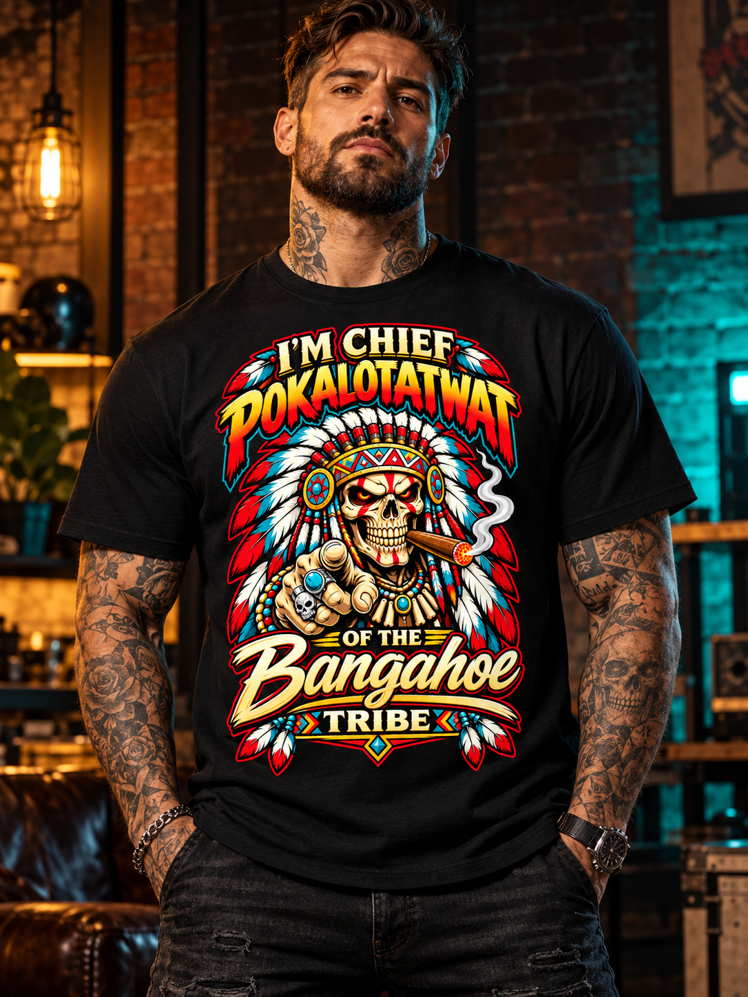 Black Chief Pokalotatwat tee on a front-facing male model in restrained dark brick streetwear studio with warm amber and teal practical lighting.