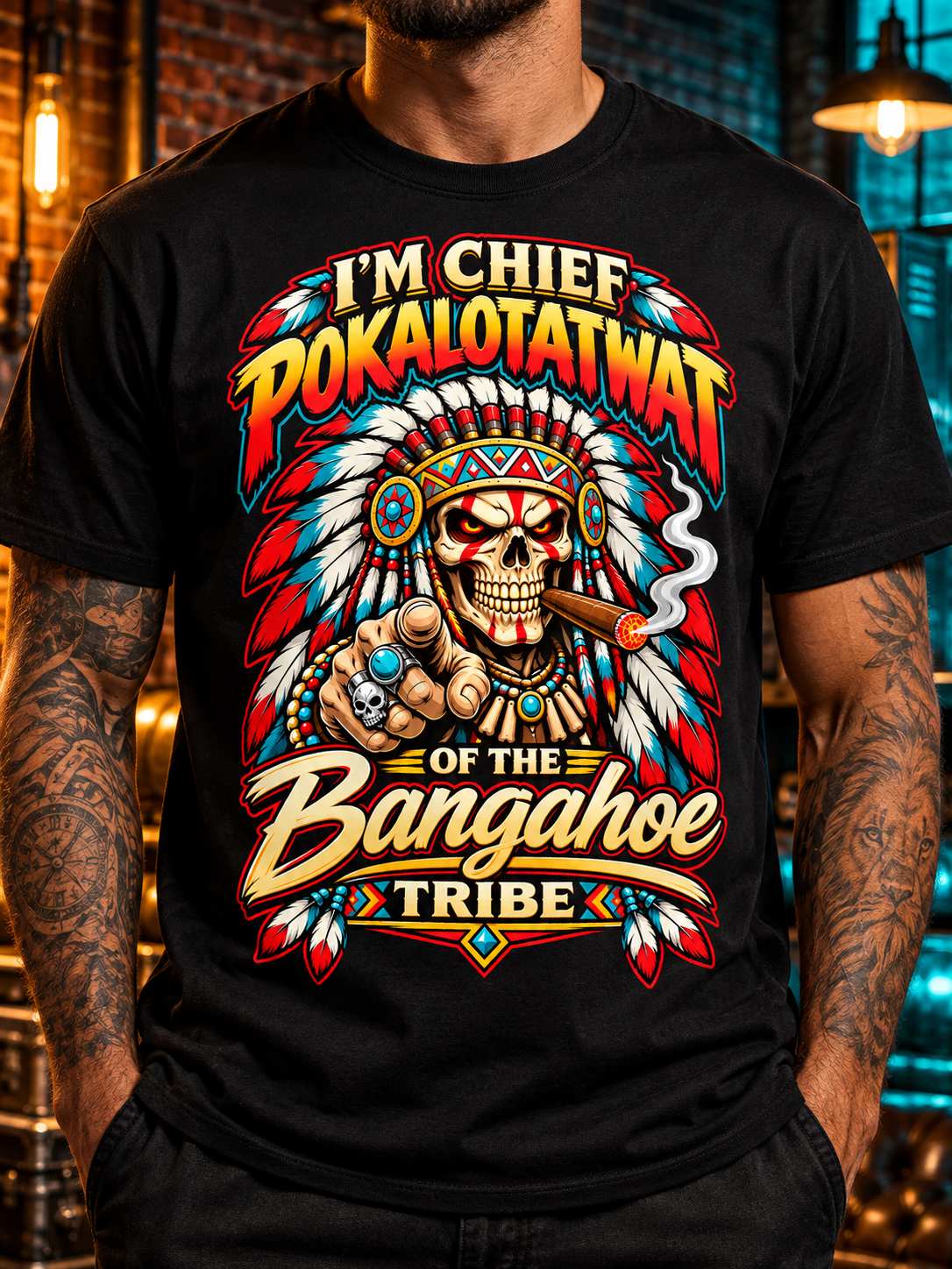 Close front view of the black Chief Pokalotatwat T-shirt showing the complete colorful graphic and crewneck.