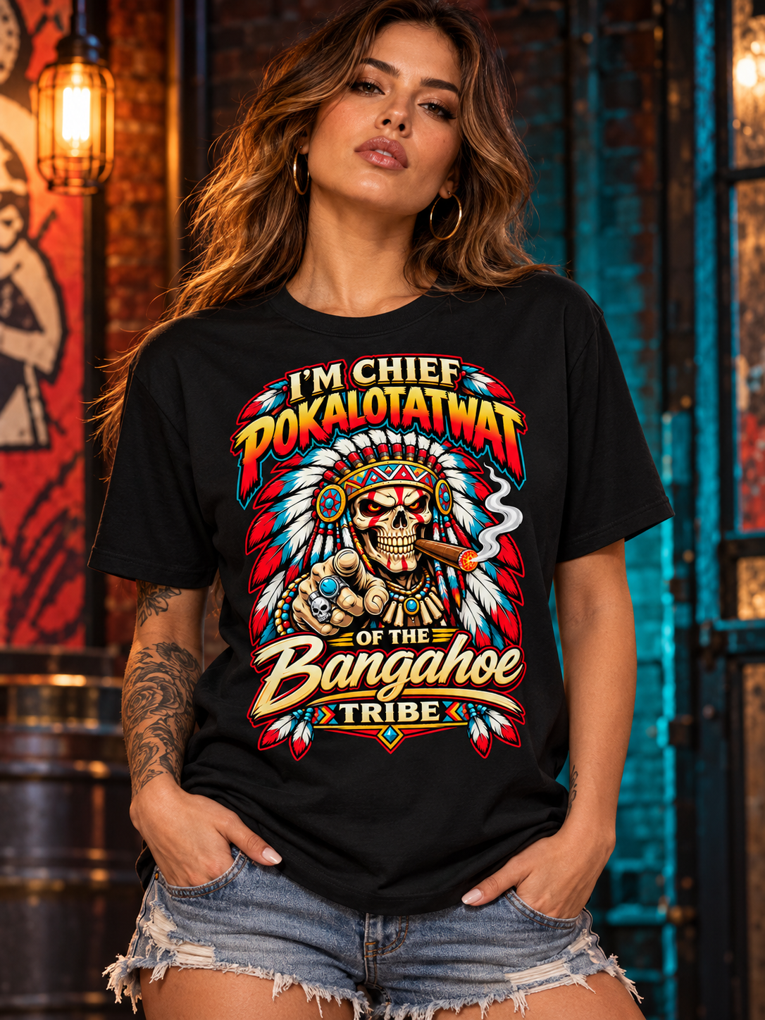 Female model wearing the black Chief Pokalotatwat graphic tee, photographed from the front in a themed setting.