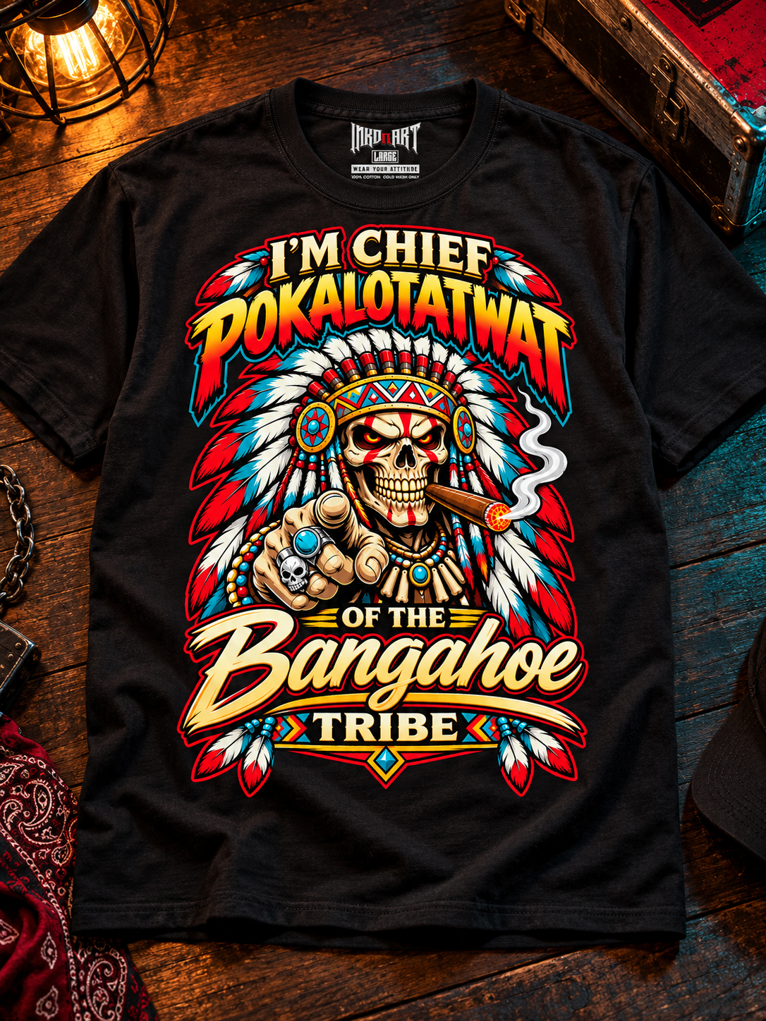 Black Chief Pokalotatwat tee laid front-up on dark stained wood with subtle warm light, with the INKDnART interior neck tag.