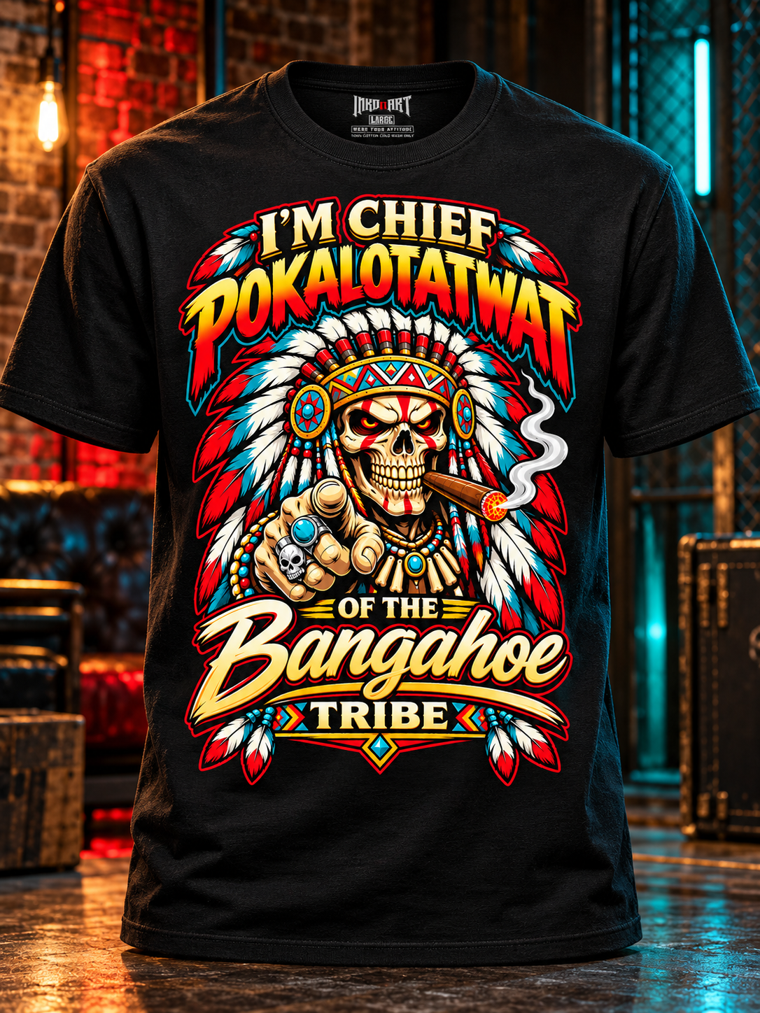 Front ghost-mannequin view of the black Chief Pokalotatwat tee with a shaped torso and INKDnART inside neck tag.