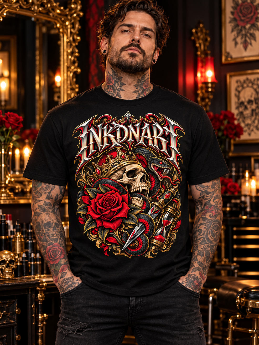 Black Crowned Skull & Serpent tee on a front-facing male model in refined dark tattoo studio with an antique gold mirror, red roses and warm red and gold lights.