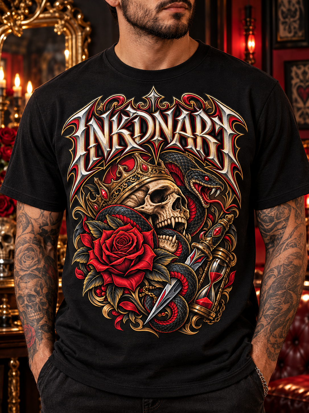 Close front view of the black Crowned Skull & Serpent T-shirt showing the complete colorful graphic and crewneck.